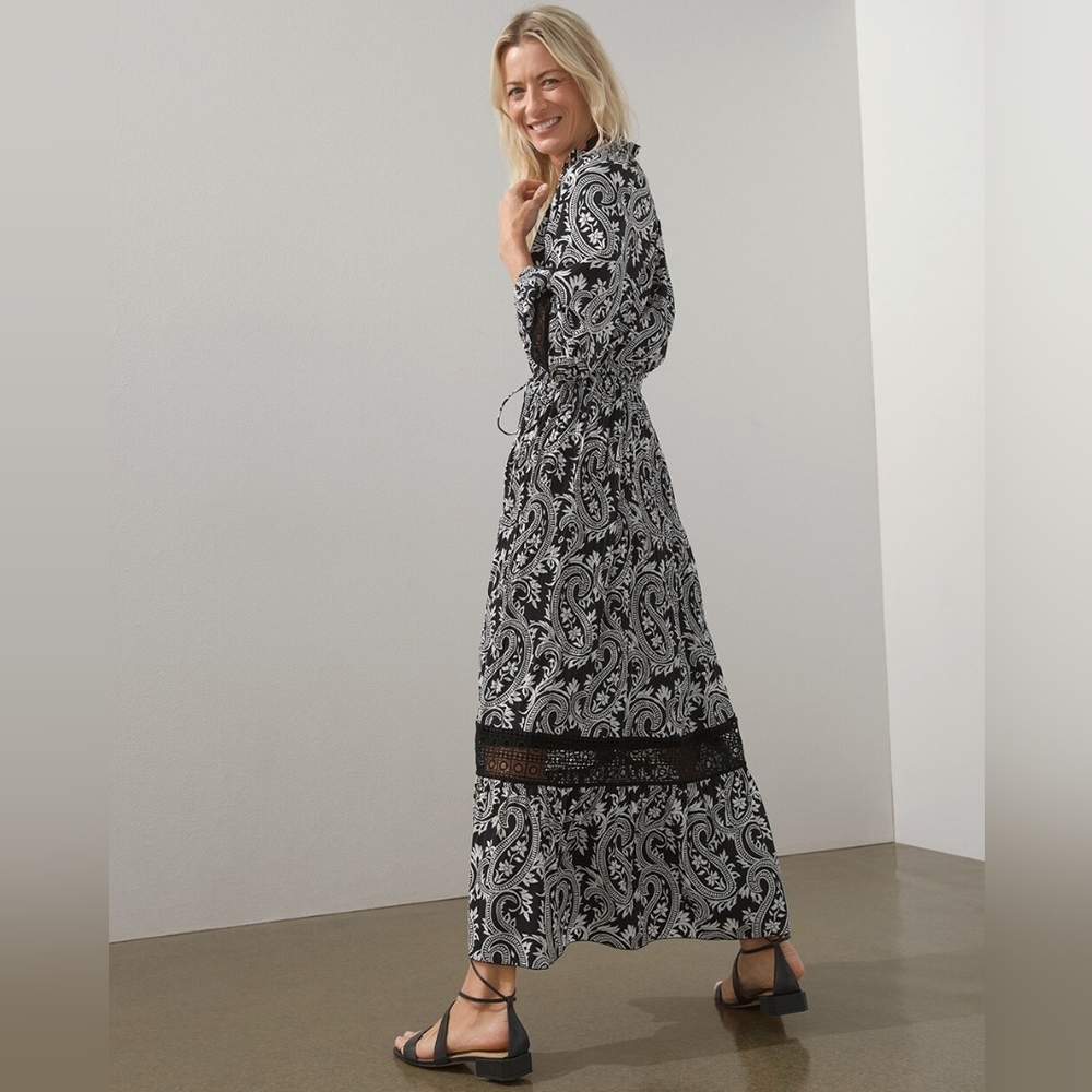 Chico's Paisley Black White Crochet Detail Ruffle Maxi Dress Women's Size 14 - Picture 4 of 14